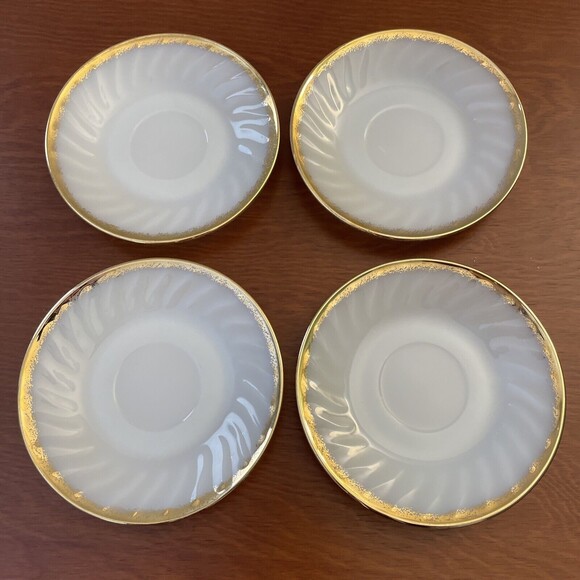 Fire King Ware White Milk Glass Swirl Gold Trim 5.75” Saucers Set Of 4 - Picture 1 of 10